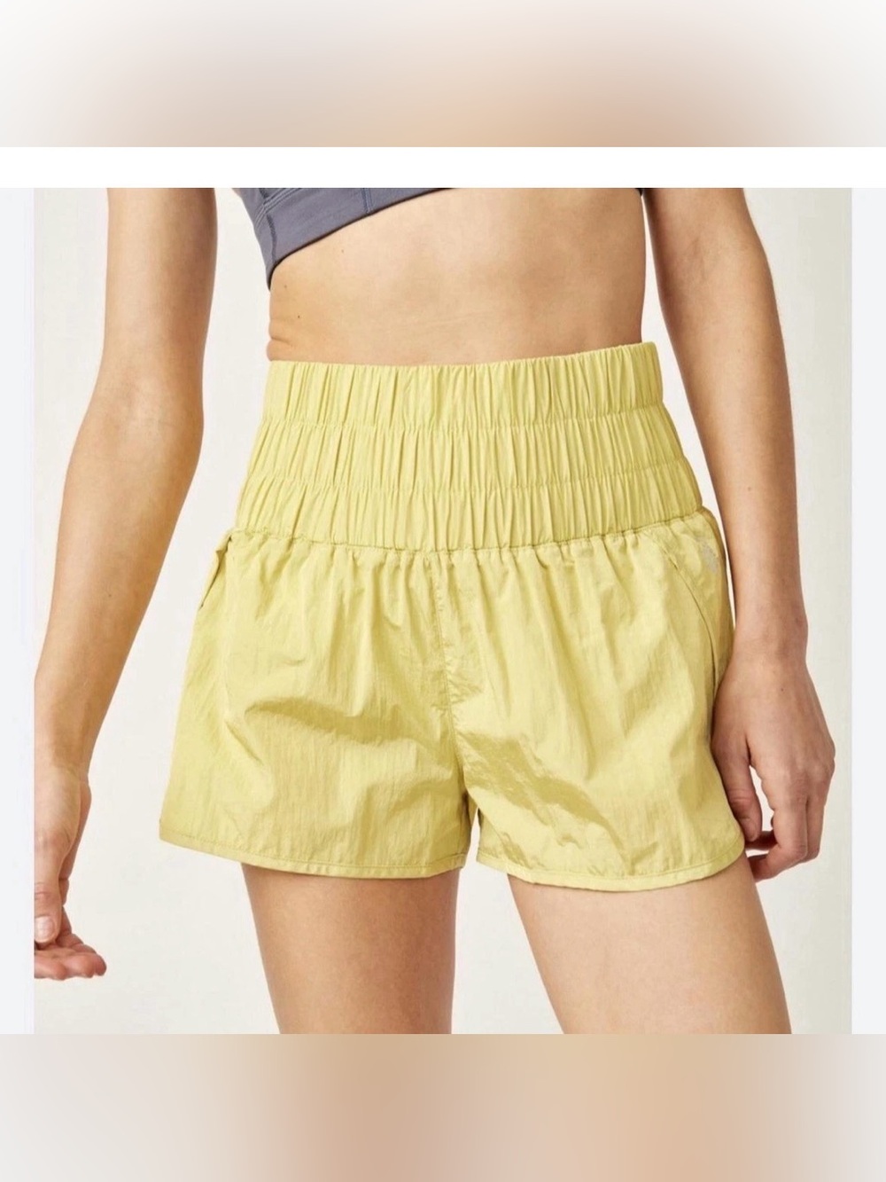 FP Movement The Way Home Yellow Smocked Run Shorts High Rise Women's Sm.